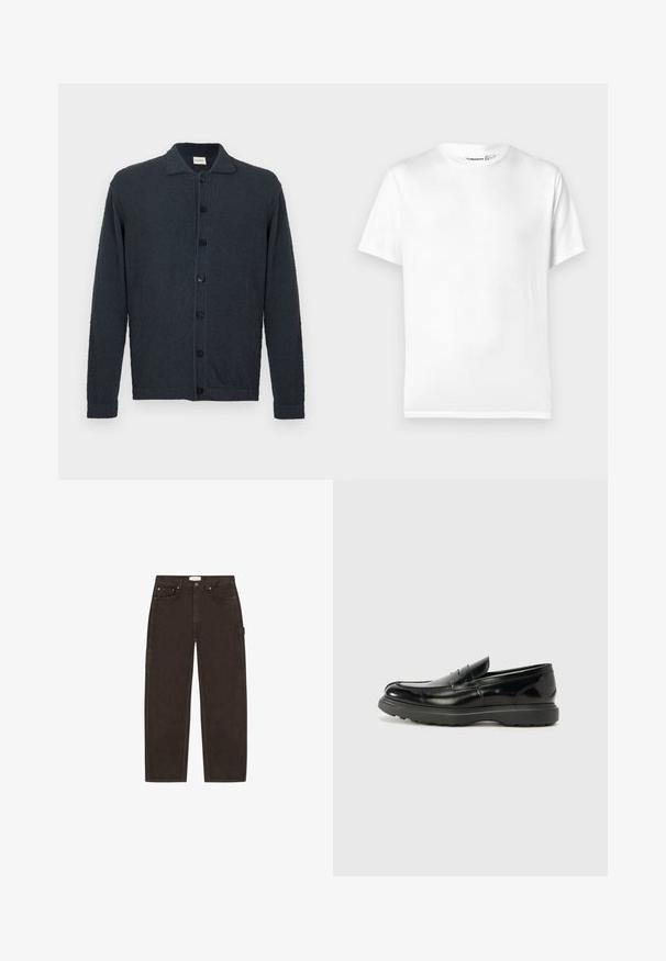Dark navy blue button-up cardigan with long sleeves, collar, and textured fabric, displayed on a plain white background.; White cotton t-shirt with a classic crew neckline, short sleeves, and a straight hem. Smooth texture, no patterns or accents.; Straight-leg dark brown jeans with front pockets, belt loops, button closure, and a side loop detail on a white background.; Black leather loafer with a glossy finish, rounded toe, subtle stitching details, and a thick rubber sole for durability.