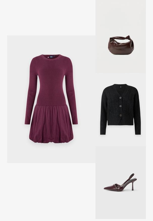 Sort cardigan lavet af tekstureret strikstof, med V-hals, lange ærmer og fire store knapper fortil.; Lilla kjole med ribbet overdel, lange ærmer og en rynket nederdel. Stoffet ser glat ud med en let tekstur.; Bourgogne laklæder slingback-hæl med spids tå, tynd ankelrem og lille dekorativ spænde. Glat tekstur og høj hæl.; Mørkebrun læder skuldertaske med en blød, afslappet form og et snoet knudehåndtag på en ensartet hvid baggrund.