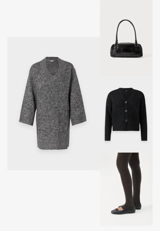 Sort cardigan lavet af tekstureret strikstof, med V-hals, lange ærmer og fire store knapper fortil.; Grå strikket sweater med V-hals og lange ærmer, prydet med et struktureret mønster og løs pasform. Uformelt design med et blødt, tykt stof.; Ben iført mørke ribbede leggings kombineret med sorte balletsko med små sløjfedetaljer på hvid baggrund.; Sort læderhåndtaske med rektangulær form, der har et enkelt struktureret håndtag, sølvhardware og lynlås-lukning. Glat tekstur.