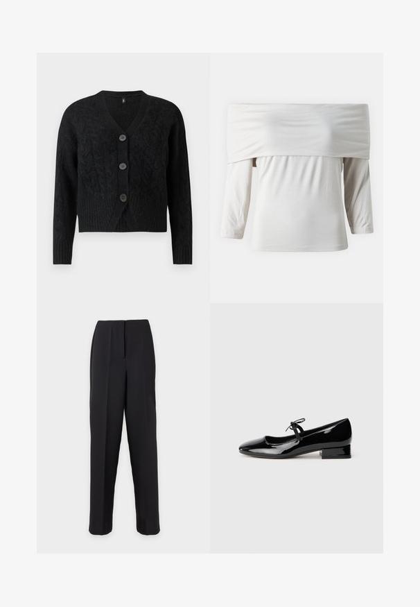 Sort cardigan lavet af tekstureret strikstof, med V-hals, lange ærmer og fire store knapper fortil.; Hvid off-the-shoulder top med lange ærmer, blødt stof og løs pasform med en rynket detalje langs taljen.; Sorte, lige bukser med høj talje og pressefold foran på en ensfarvet lys baggrund.; Sort patenteret læder Mary Jane-sko med rund tå, en lille blokheel og en sløjfeaccent på en strop over vristen.