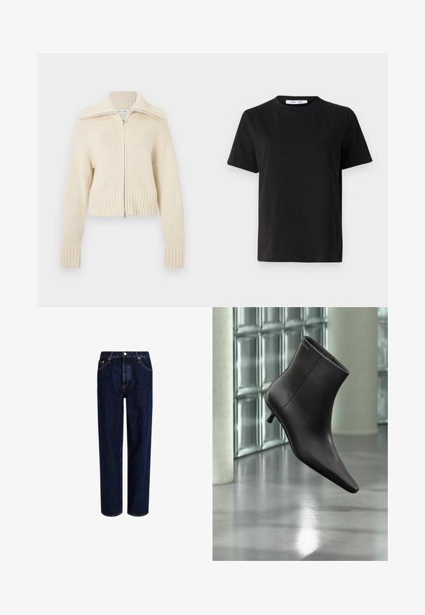 Pull crème raccourci avec col et poignets côtelés, doté d'une fermeture éclair complète et d'un motif en tricot texturé.; T-shirt noir à manches courtes en coton doux, avec un col rond, une coupe décontractée et une texture lisse. Pas de motifs ni de graphiques visibles.; Jeans en denim bleu foncé avec une coupe droite, dotés d'une taille haute, d'un style à cinq poches et de coutures contrastantes. Sans embellissements.; Bottine en cuir noir avec bout pointu et petit talon, présentée devant un mur en blocs de verre et un sol poli.