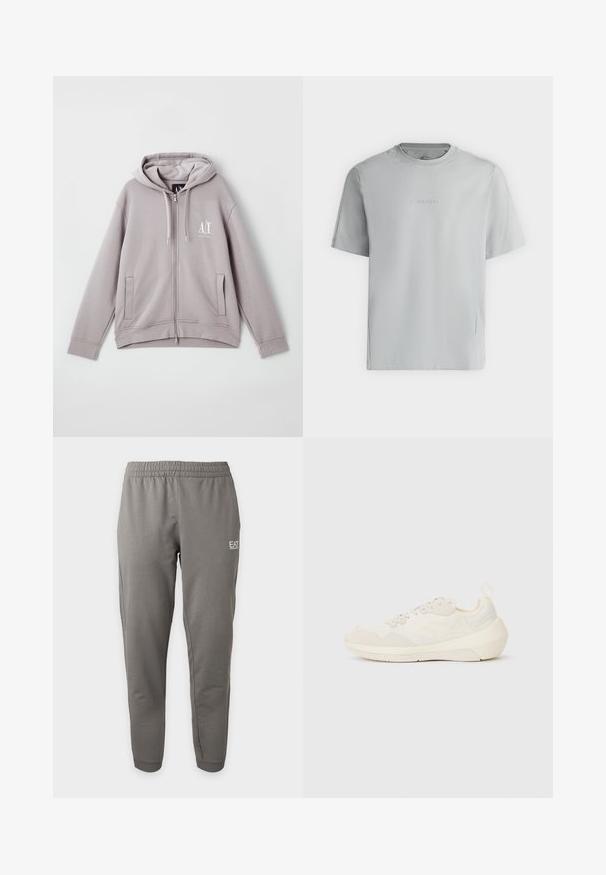 Halline hall zip-up kapuuts, mis on valmistatud pehmest kangast. Sellel on keskne lukk, esiküljel taskud, nööriga kapuuts ja väike logo rinnal.; Helehall lühikeste varrukatega T-särk, millel on ümargune kaelus ja rinnal keskel reljeefne "Calvin Klein" logo.; Halli kitseneva dressipüksud elastse vöökohaga ja EA7 Emporio Armani logo ülemisel vasakul jalal.; Emporio Armani Tossud - off white