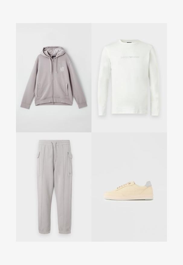 Haut à zip gris en tissu doux, doté d'une fermeture éclair centrale, de poches avant, d'une capuche avec cordon de serrage et d'un petit logo sur la poitrine.; Chemise blanche à manches longues et col rond avec un logo "EMPORIO ARMANI" en relief subtil centré sur la poitrine.; Pantalon de survêtement gris avec taille élastique, poches latérales et détail cousu courant verticalement le long des jambes. Texture en mélange de coton.; Baskets basses beige à lacets, semelle rose clair et languette grise à l'arrière marquée "Filling Pieces", vues de profil sur fond uni.