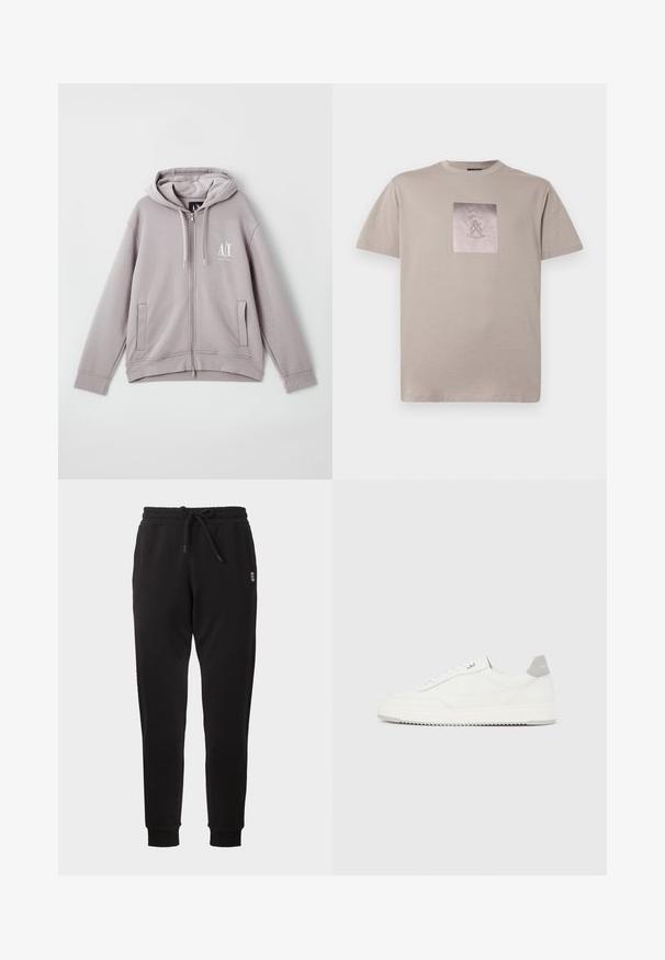 Halline hall zip-up kapuuts, mis on valmistatud pehmest kangast. Sellel on keskne lukk, esiküljel taskud, nööriga kapuuts ja väike logo rinnal.; Bež puuvillane T-särk ümmarguse kaelusega ja lühikeste varrukatega. Keskosas on ruudukujuline logo graafika, millel on hall tekst ja kujunduselemendid.; Mustad kitsenevad dressipüksid elastse vöökoha, nöör, küljetaskute ja soonikkoes mansettidega, esitatud ühevärvsel taustal.; Valge madala lõikega tennisking halli kandklambri, valgete paelte ja tekstuuriga tallaga, esitletud ühtlasel heledal taustal.