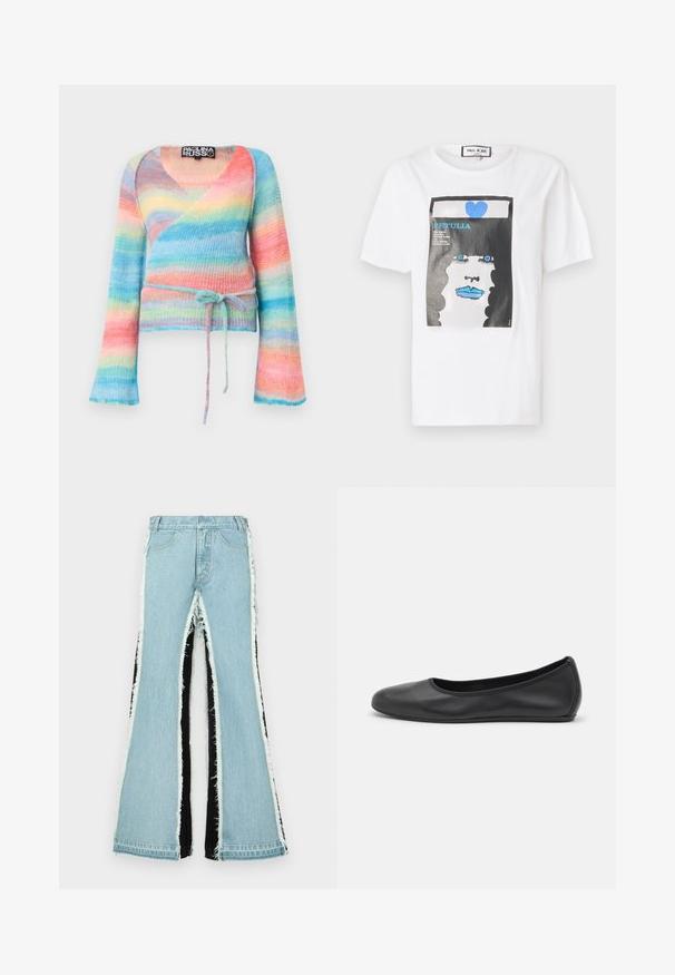 Suéter envolvente multicolorido que presenta una mezcla de rayas pastel en azul, rosa y amarillo, hecho de una suave y texturada tela con mangas acampanadas.; Camiseta de algodón blanca con un estampado gráfico de una cara con labios y ojos azules, enmarcada por un borde negro y un detalle de corazón azul.; Vaqueros acampanados de color azul claro con paneles laterales negros, bordes deshilachados y un diseño de cintura alta. Presenta bolsillos estándar y trabillas para cinturón.; Bailarina de piel negra con punta redondeada, textura suave, detalle de costura minimalista y diseño de suela flexible.