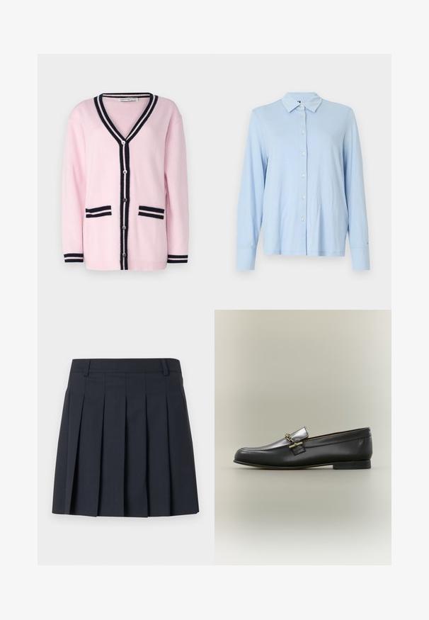 pure cashmere BUTTON LONG CARDIGAN - Kardiganas - pink; Šviesiai mėlynas ilgomis rankovėmis marškinys su apykakle, priekiniais mygtukais ir struktūruotu siluetu. Pagamintas iš minkštos medžiagos su lygia tekstūra.; Tamsiai mėlynas sulenktas sijonas su plokščia juosmens juostele, pagamintas iš glotnios medžiagos. Turi kelias vertikalias lankstes ir pritaikytą dizainą.; Juodi odiniai laisvalaikio batai su sidabriniu viršumi, auksine grandinėlės detale, žemu kulnu ir apvalia nosimi ant neutralaus fono.