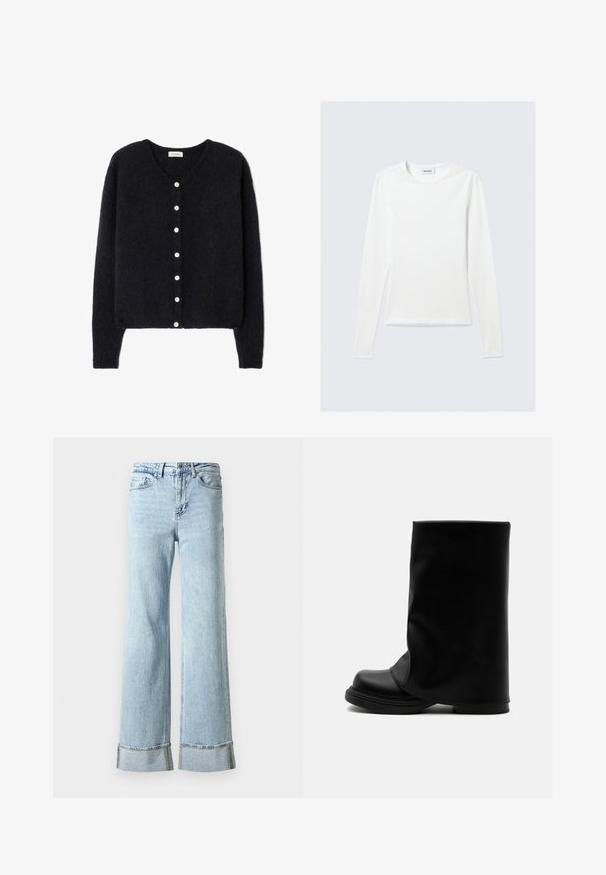 Cárdigan negro confeccionado en material de punto suave, con escote en V, siete botones blancos en la parte delantera y mangas largas.; Camiseta blanca lisa de manga larga con cuello redondo y corte ajustado, mostrada sobre un fondo gris claro.; Jeans de mezclilla de color azul claro con piernas anchas, dobladillos deshilachados y detalles decorativos de strass en los puños. Diseño estándar de cinco bolsillos.; Bota alta negra de cuero con un caño superior ancho y suelto y una suela gruesa y redondeada sobre fondo blanco.