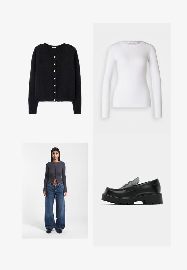 Cárdigan negro confeccionado en material de punto suave, con escote en V, siete botones blancos en la parte delantera y mangas largas.; Camisa blanca de manga larga hecha de tela acanalada, con un cuello redondo y una forma ajustada. No presenta patrones ni detalles.; Top corto de canalé gris con botones, mangas largas y una abertura frontal, combinado con unos vaqueros de tiro alto azul sueltos. Zapatos negros.; Mocasines de cuero negro con suela gruesa y texturizada, que presentan una correa sobre el empeine y un acabado suave y pulido.