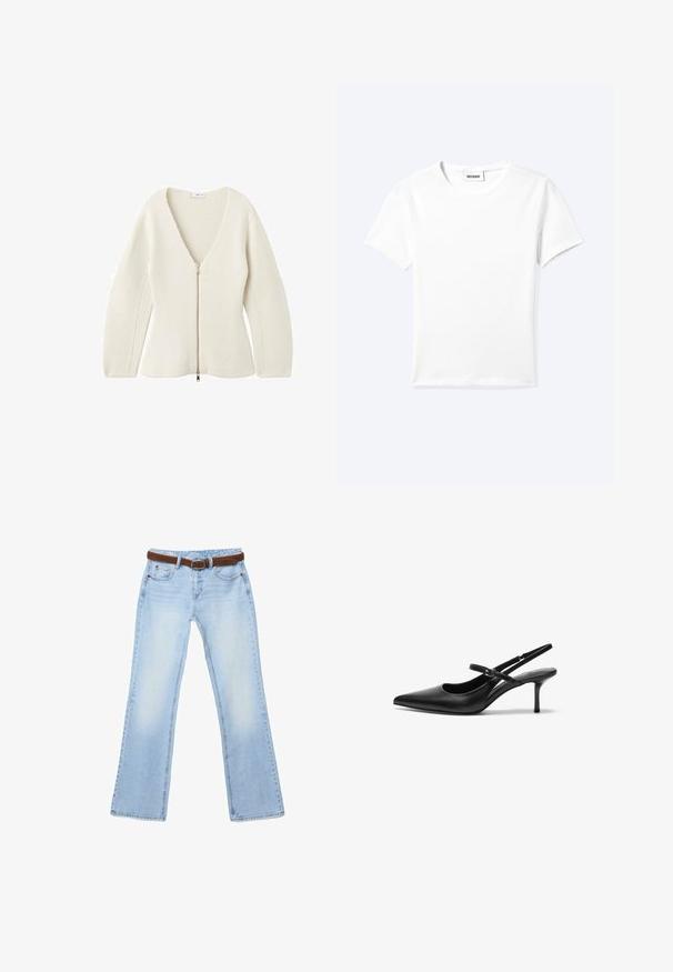 Cardigan en tricot de couleur crème avec un décolleté en V profond et des manches longues, doté d'une fermeture éclair à l'avant avec un tirette en métal.; T-shirt blanc uni à manches courtes et col rond avec une petite étiquette "WEEKDAY" à l'intérieur de l'encolure, présenté à plat sur un fond clair.; Jean droit bleu clair avec une ceinture en cuir marron, poches avant et un effet délavé sur les cuisses et les genoux.; Talons aiguilles noires en cuir avec un bout pointu, une fine bride réglable, et un talon aiguille d'environ 5 cm, texture lisse.