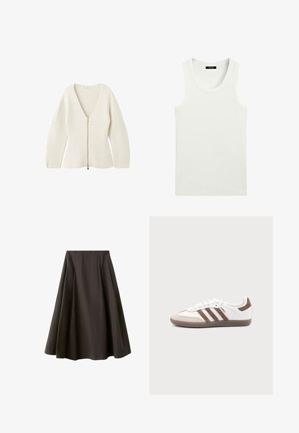 Cardigan en tricot de couleur crème avec un décolleté en V profond et des manches longues, doté d'une fermeture éclair à l'avant avec un tirette en métal.; Débardeur blanc côtelé sans manches avec encolure ronde et étiquette à l'intérieur du col.; Jupe noire trapèze à taille haute avec ourlet évasé, fabriquée en tissu lisse, présentée sur fond blanc.; Baskets Adidas Samba blanches avec des bandes en daim marron, semelle en caoutchouc marron et bout en daim beige, vues du côté extérieur sur un fond uni.