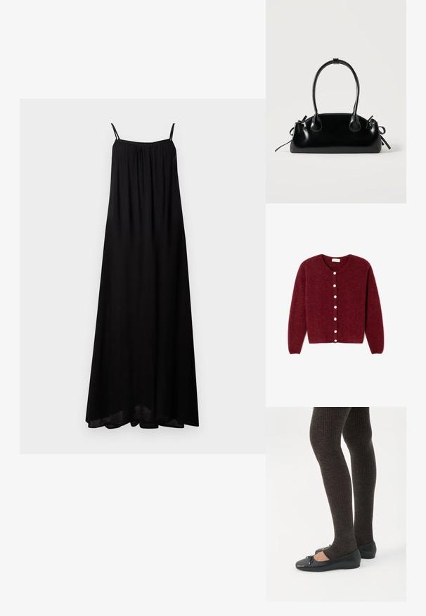 Cárdigan burdeos hecho de material suave, con cuello redondo, mangas largas y seis botones blancos en la parte delantera.; Vestido maxi negro con finas tirantes de espagueti, escote fruncido, tela fluida y un dobladillo ligeramente curvado. Material ligero con una textura suave.; Piernas con leggings oscuros acanalados combinados con bailarinas negras que presentan pequeños detalles de lazo sobre un fondo blanco.; Pequeño bolso negro brillante con dos asas largas y detalles de cordón lateral sobre un fondo claro liso.