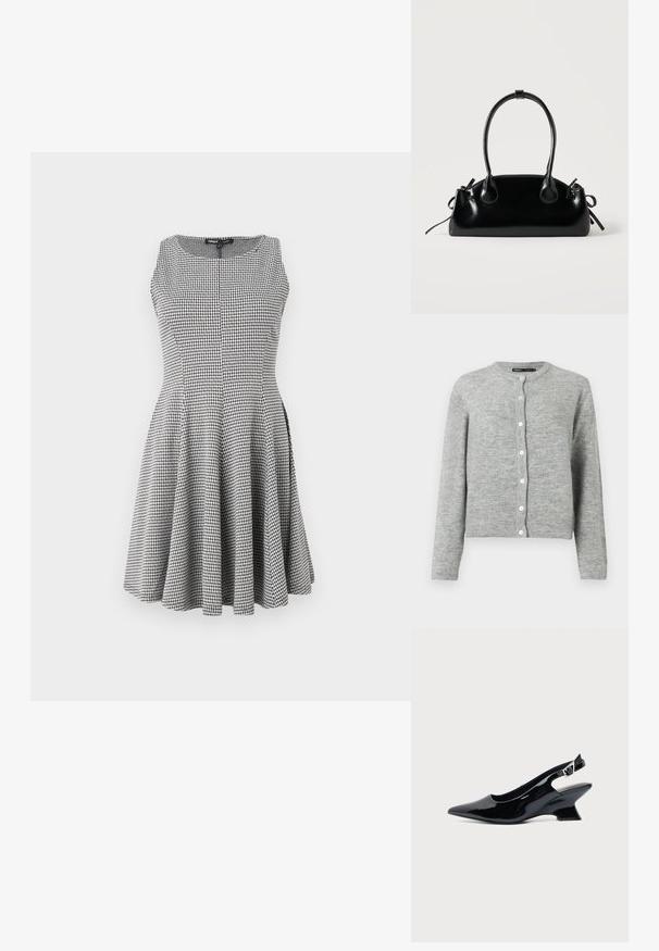 Gilet gris clair en tricot doux, avec un col rond, des manches longues et six boutons blancs sur le devant.; Robe sans manches à carreaux noir et blanc avec un corsage ajusté et une jupe évasée, texture lisse et détails de couture subtils.; Chaussure slingback en cuir verni noir avec bout pointu et petit talon bloc incliné sur fond clair uni.; Petit sac à main noir brillant avec deux longues anses et des détails à cordon sur les côtés sur un fond clair uni.