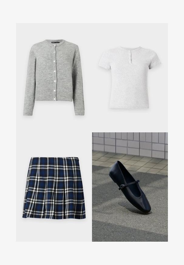 Gilet gris clair en tricot doux, avec un col rond, des manches longues et six boutons blancs sur le devant.; T-shirt gris clair à manches courtes avec un col rond et une patte de boutonnage à trois boutons sur le devant.; Jupe mini à carreaux avec des couleurs marine, noire et blanche. Dotée de plis et d'une texture lisse. Fermeture éclair sur le côté.; Chaussure plate Mary Jane en cuir noir avec une petite bride à boucle, posée sur une surface en asphalte gris près d'un mur carrelé.