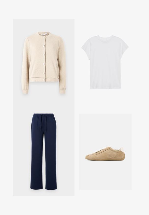 Cárdigan texturizado color beis con patrón de espiga, cuello redondo y seis botones brillantes en el frente, con puños y dobladillo elásticos.; Camiseta blanca de manga corta con cuello redondo, corte relajado, hecha de suave tela de algodón. Textura lisa, sin estampados ni logotipos.; Pantalones de chándal azul marino, fabricados en suave algodón, con una cintura elástica y cordón, bolsillos laterales y un diseño de pierna recta.; Zapatilla de ante color canela con textura suave, punta redondeada, diseño ligero con cordones y un acento en el talón blanco a contraste. Suela de goma flexible.
