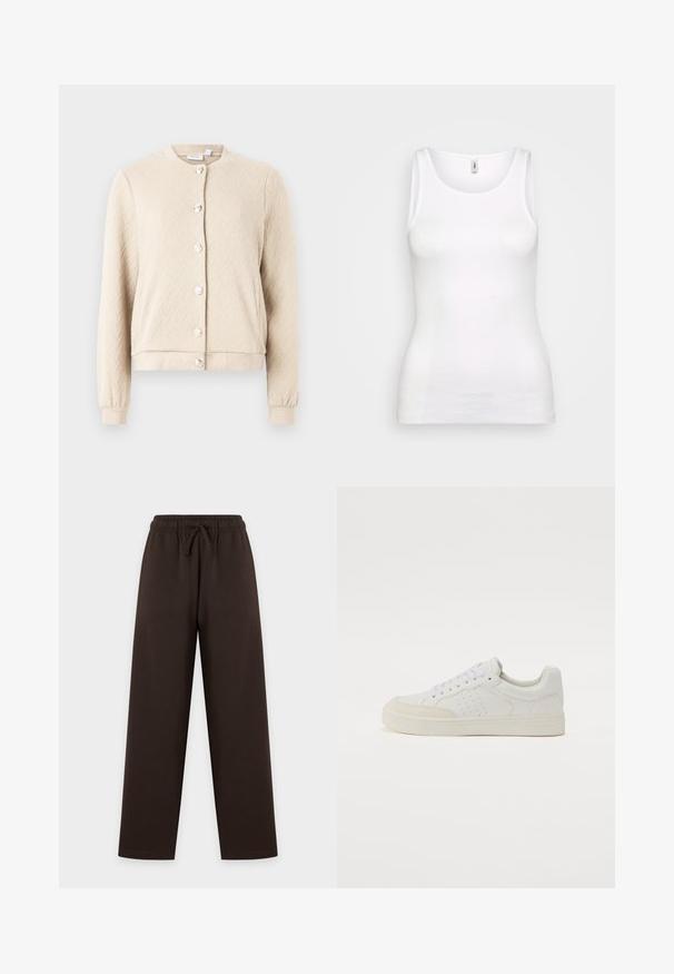 Cárdigan texturizado color beis con patrón de espiga, cuello redondo y seis botones brillantes en el frente, con puños y dobladillo elásticos.; Top sin mangas blanco de canalé con escote redondo y tirantes anchos, que presenta un ajuste ceñido que se adapta al cuerpo. Sin patrones visibles ni acentos.; Pantalón de pierna ancha en marrón oscuro con cintura elástica ajustable mediante cordón, mostrado extendido sobre un fondo claro.; Zapatilla de cuero blanca con perfil bajo, punta redonda, acentos perforados, cordones planos y suela de goma. Diseño minimalista con detalles en beige.