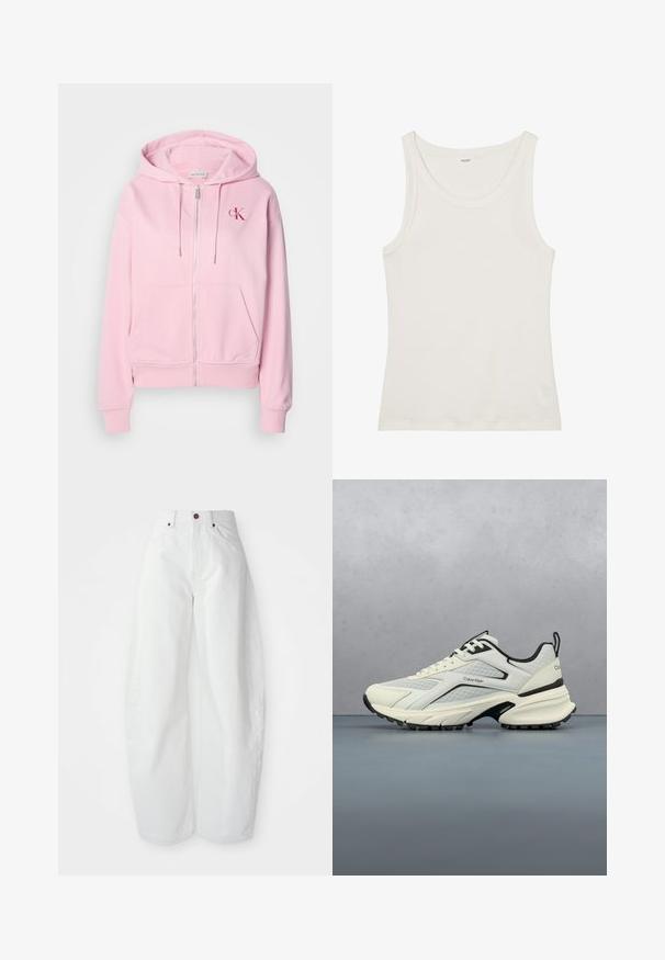 Sudadera con cremallera rosa hecha de una suave mezcla de algodón, con un bolsillo frontal, capucha ajustable y un pequeño logo en la parte izquierda del pecho.; Top de algodón blanco sin mangas con un escote amplio y tirantes finos. Textura suave sin patrones o embellishments visibles.; Pantalones de mezclilla blancos de tiro alto con un corte holgado. Presentan un cierre de botón, bolsillos laterales y un diseño minimalista. Textura suave.; Zapatilla blanca y negra de Calvin Klein suspendida sobre un suelo de baldosas de madera al aire libre, con foliaje verde desenfocado y fondo gris.