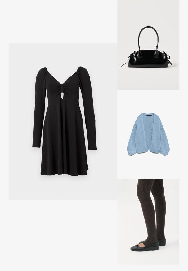 Gilet en tricot bleu clair à ouverture devant, avec des manches surdimensionnées et des poignets côtelés. Texture douce et coupe décontractée. Sans boutons ni fermetures.; Robe noire à manches longues avec un décolleté en V profond, présentant un tissu froncé et un détail en forme de trou de serrure au niveau de la poitrine, avec une jupe évasée.; Jambes portant des leggings côtelés foncés associés à des ballerines noires avec de petits détails en nœud sur fond blanc.; Petit sac à main noir brillant avec deux longues anses et des détails à cordon sur les côtés sur un fond clair uni.