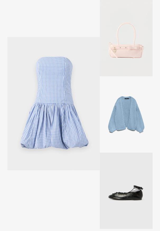 Cardigan de punto azul claro con un diseño de frente abierto, mangas de gran tamaño y puños acanalados. Textura suave y ajuste relajado. Sin botones ni cierres.; Vestido sin tirantes en patrón de cuadros azul y blanco, con un corsé ajustado y una falda acampanada y fruncida con un acabado texturizado.; Zapatos planos tipo ballet de charol negro con punta redondeada, diseño con cordones y suela plana. Textura lisa con detalles mínimos.; Bolso rectangular de color rosa pálido con doble asa, lazo decorativo, ojales metálicos y un pequeño colgante en forma de corazón sobre un fondo liso.