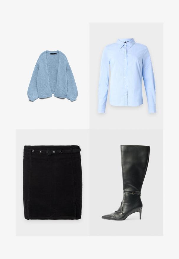 Gilet en tricot bleu clair à ouverture devant, avec des manches surdimensionnées et des poignets côtelés. Texture douce et coupe décontractée. Sans boutons ni fermetures.; Chemise bleu clair à manches longues avec fines rayures blanches et col pointu, présentée sur un fond uni.; Jupe en velours côtelé noir au design ajusté, dotée d'une ceinture, de détails en métal argenté et d'une texture de côtes verticales discrètes.; Bottes noires en cuir montant jusqu'au genou, avec un talon fin, un bout pointu et des détails de lanière à la cheville. Texture lisse et design ajusté.