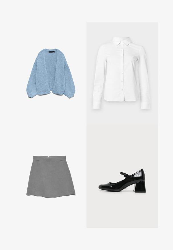 Cardigan de punto azul claro con un diseño de frente abierto, mangas de gran tamaño y puños acanalados. Textura suave y ajuste relajado. Sin botones ni cierres.; Camisa blanca de manga larga con botones, cuello puntiagudo, bajo recto y silueta ajustada, presentada sobre un fondo claro y liso.; Falda gris hecha de tela suave, con cintura alta, forma acampanada y una cremallera oculta en la parte trasera.; Zapato Mary Jane de charol negro con punta redondeada, tacón bajo tipo bloque y tira ajustable con hebilla sobre fondo neutro.