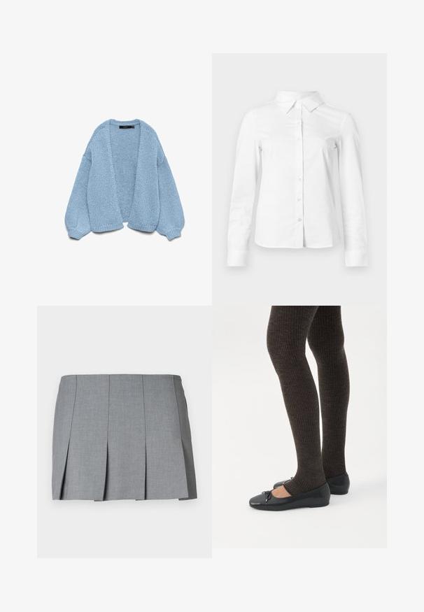 Gilet en tricot bleu clair à ouverture devant, avec des manches surdimensionnées et des poignets côtelés. Texture douce et coupe décontractée. Sans boutons ni fermetures.; Chemise blanche à manches longues avec boutons, col pointu, ourlet droit et silhouette ajustée, présentée sur un fond clair uni.; Jupe plissée grise avec une texture lisse, un design structuré et une taille ajustée. Fabriquée en tissu léger avec un motif subtile.; Jambes portant des leggings côtelés foncés associés à des ballerines noires avec de petits détails en nœud sur fond blanc.