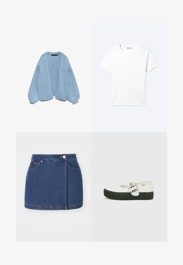 Gilet en tricot bleu clair à ouverture devant, avec des manches surdimensionnées et des poignets côtelés. Texture douce et coupe décontractée. Sans boutons ni fermetures.; T-shirt blanc uni à manches courtes et col rond avec une petite étiquette "WEEKDAY" à l'intérieur de l'encolure, présenté à plat sur un fond clair.; Mini jupe en denim, bleu foncé, avec une fermeture à boutons sur le devant, des poches latérales et des accents de couture jaunes le long de l'ourlet et des coutures.; Chaussure Mary Jane blanche Vans avec semelle épaisse noire côtelée et large bride à boucle argentée sur fond gris uni.