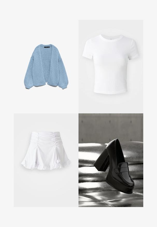 Gilet en tricot bleu clair à ouverture devant, avec des manches surdimensionnées et des poignets côtelés. Texture douce et coupe décontractée. Sans boutons ni fermetures.; T-shirt courte à manches courtes, blanche, avec un col rond, présentée sur un fond neutre et lumineux.; Jupe blanche en tissu texturé avec des détails froncés et un ourlet volanté. Présente un design évasé avec une taille ajustée.; Mocassin à plateforme en cuir verni noir avec un talon bloc épais flottant au-dessus d'une surface matelassée métallique brillante.