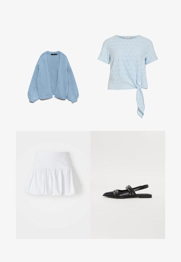Gilet en tricot bleu clair à ouverture devant, avec des manches surdimensionnées et des poignets côtelés. Texture douce et coupe décontractée. Sans boutons ni fermetures.; Blouse bleu clair à manches courtes avec motif ajouré et nœud à nouer sur le côté de l'ourlet, encolure ronde et coupe décontractée.; Jupe évasée blanche fabriquée en tissu léger, avec un design froncé et une taille élastique pour le confort. Pas de motifs ni d'accents visibles.; Even&Odd by Zalando Ballerines à brides arrière - black