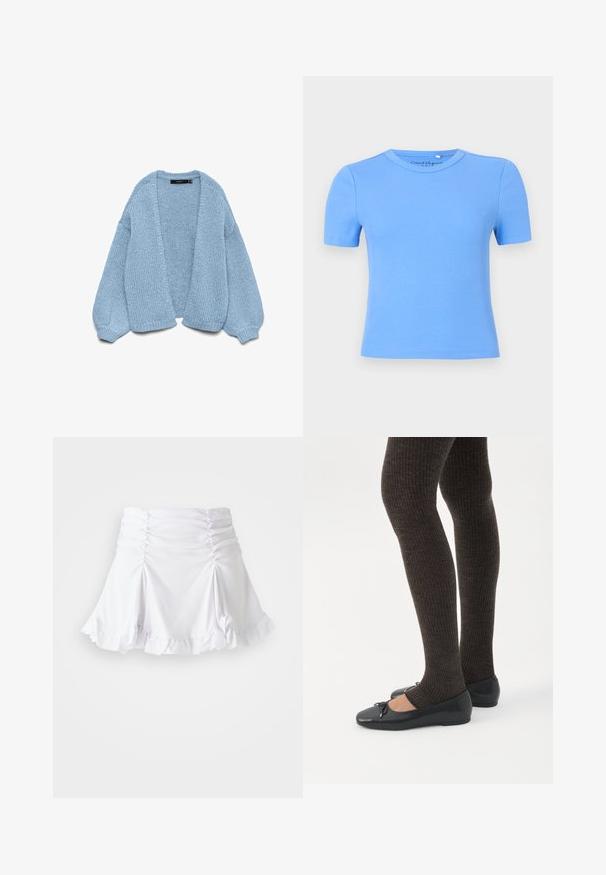 Gilet en tricot bleu clair à ouverture devant, avec des manches surdimensionnées et des poignets côtelés. Texture douce et coupe décontractée. Sans boutons ni fermetures.; T-shirt bleu clair côtelé à manches courtes avec un col rond, présentant une coupe ajustée et une texture lisse. Aucun motif ou accent visible.; Jupe blanche en tissu texturé avec des détails froncés et un ourlet volanté. Présente un design évasé avec une taille ajustée.; Jambes portant des leggings côtelés foncés associés à des ballerines noires avec de petits détails en nœud sur fond blanc.