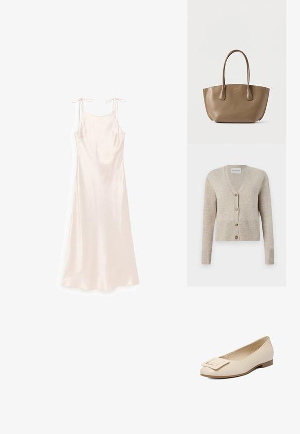 CLOSED V NECK - Cardigan - beige; Lyserød satin natkjole med tynde, justerbare stropper og en lige halsudskæring, vist på en hvid baggrund.; Beige læder lavsko med en firkantet dekorativ spænde på den afrundede tå og en lav brun hæl.; Brun læder tote taske med en glat tekstur, to kraftige håndtag og et gyldent logo på fronten. Bred, struktureret form med åben top.