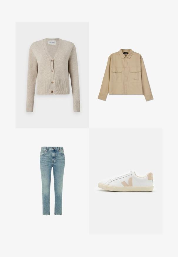 CLOSED V NECK - Kardigán - beige; Bežová dlhá rukávová košeľa z mäkkej tkaniny, s gombíkovým zapínaním, dvoma vreckami na hrudi a priamym lemom. Na prednej strane je jemné logom. ; Svetlomodré džíny z denimu so strečovým strihom, vysokým pásom a rozstrapkaným lemom. Obsahujú klasický dizajn s piatimi vreckami a zapínanie na gombík.; Biele kožené tenisky s béžovými semišovými akcentmi, okrúly špička, plochá gumová podrážka a viazanie. Obsahuje logo na päte.