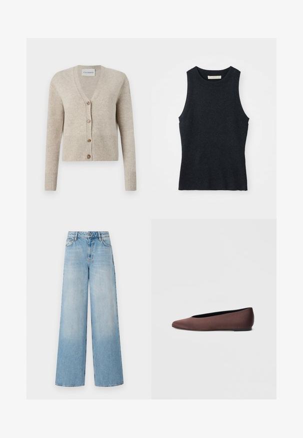 CLOSED V NECK - Vest - beige; Mouwloze donkergrijze gebreide tanktop met ronde hals, plat gelegd op een witte achtergrond.; Lichtblauwe wijde jeans met een hoge taille, met vervaging bij de benen, riemlussen en een traditionele metalen knoop en ritssluiting.; Bruine stoffen balletschoenen met een puntige neus en een gladde textuur, voorzien van een lage achterkant en een dunne zwarte zool. Geen zichtbare patronen of metalen onderdelen.