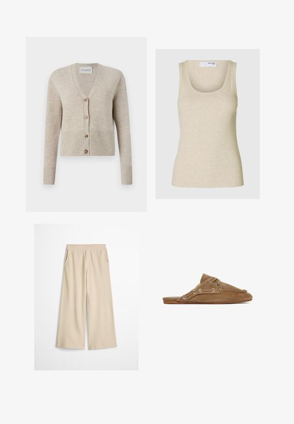 CLOSED V NECK - Kardigán - beige; Krémový rebrovaný top bez rukávov s hlbokým výstrihom a širokými ramienkami. Vyrobený z jemného materiálu, má priliehavý strih.; Krémové nohavice s širokými nohavicami, vysokým pásom a bez viditeľných zapínaní alebo vreciek, zobrazené na bielom pozadí.; Hnedý semišový slip-on mokasín s detailom na šnurovanie a plochou gumovou podrážkou, navrhnutý na bežné nosenie.