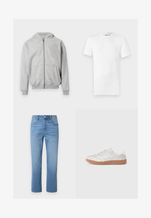 Sweat à capuche zippé gris clair avec poches frontales, poignets côtelés, ourlet et capuche attachée sur fond blanc.; T-shirt blanc uni à manches courtes et col rond, avec une petite étiquette de marque à l'intérieur du col, présenté sur un fond blanc.; Jean en denim bleu clair à jambes droites avec poches frontales, passants pour ceinture, fermeture par bouton et légère décoloration autour des hanches et des cuisses.; Baskets argentées avec une texture lisse, un design à lacets, des accents perforés et une semelle en caoutchouc marron texturé.