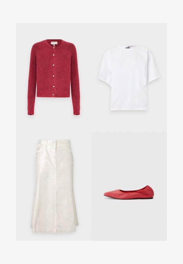 Rød strikket cardigan med lange ærmer, rund halsudskæring og perle-lignende knapper. Blød, fnugget tekstur og kort design.; Hvid kortærmet t-shirt med rund hals, afslappet pasform og diskret rynkedetalje på siderne, vist mod en lys baggrund.; Lys sølv denimskørt med en udvidet silhuet, forlommer, knaplukning og glat tekstur. Har en subtil glans og rene kanter.; Filippa K REY FLATS - Ballerinasko - bright red