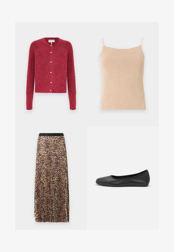 Rød strikket cardigan med lange ærmer, rund halsudskæring og perle-lignende knapper. Blød, fnugget tekstur og kort design.; Beige strik camisole med tynde stropper, med en tætsiddende pasform og tekstureret stof, ideel til lag-på-lag styling eller afslappet brug.; Plisseret maxinederdel i beige med sort leopardprint. Har en sort taljebånd, blød tekstur og flydende design.; Sort læderballetsko med rund tå, glat tekstur, minimal syning og et fleksibelt såldesign.