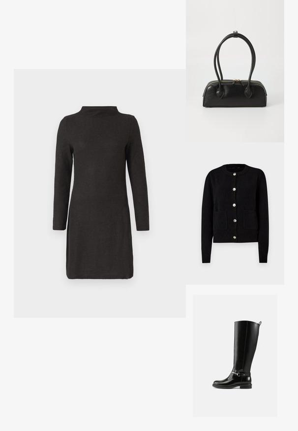 Schwarze Langarm-Strickjacke mit rundem Ausschnitt, fünf dekorativen Knöpfen vorne und zwei aufgesetzten Taschen.; Schwarzes Langarmkleid mit hohem Kragen, gerippter Textur und taillierter Silhouette, das bis zur Mitte des Oberschenkels reicht.; Schwarze kniehohe Stiefel aus glänzendem Leder mit silberner Schnalle am Knöchel und abgerundetem Zehenbereich. Flache Sohle.; Schwarze Lederhandtasche mit zwei verlängerten Griffen, Reißverschluss und runder Form; glatte Textur mit subtiler glänzender Oberfläche.
