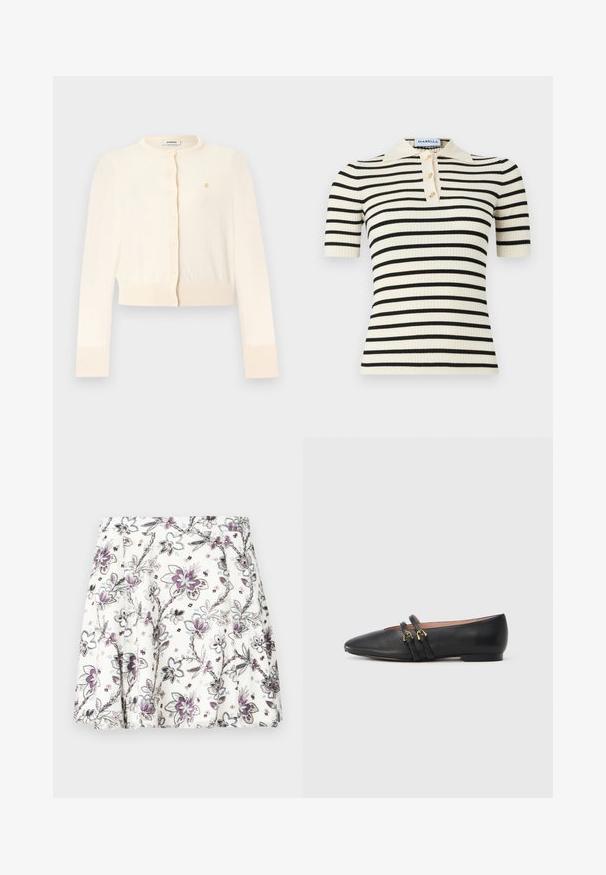 Kremfarvet cropped cardigan med lange ærmer, rund halsudskæring, knapper foran, ribstrikkede ærmekanter og kant, samt et lille gyldent broderet logo på brystet.; Kortærmet polo med ribstrik, der har en cremefarvet bund med sorte, vandrette striber. Indeholder også tre knapper i guldfarve og en krave.; Nederdel med blomsterprint på en hvid baggrund, med lilla og sorte blade. Plisseret design med en glat tekstur, knælængde.; Sorte læder flade sko med spids tå, der har to sorte remme med gyldne hardware-detaljer. Glat tekstur og lav hæl.