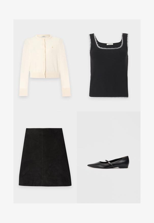 Kremfarvet cropped cardigan med lange ærmer, rund halsudskæring, knapper foran, ribstrikkede ærmekanter og kant, samt et lille gyldent broderet logo på brystet.; Sort ribbet ærmeløs tanktop med firkantet halsudskæring og hvid blonderkant, vist på en ensfarvet lys baggrund.; Sort ruskind mininederdel med enkel, lige snit, glat tekstur og en søm i midten. Ingen synlige metaldele eller pynt.; Sorte patentlæder flade sko med spids tå, ankelrem og dekorativ hardware. Glat tekstur og lav hældesign.