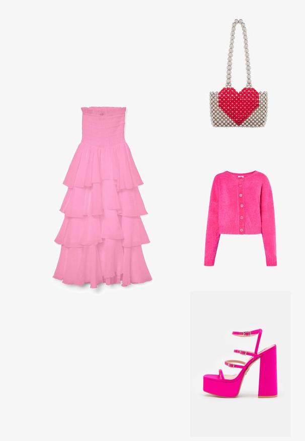 Uldet, cropped cardigan i lys pink, med rund halsudskæring, pink knaplukning og ribstrikkede manchetter og kant. Blød tekstur over det hele.; Lyserød strapless kjole med smocket overdel og lagdelte flæser. Lavet af et let stof med en let gennemsigtig struktur.; Steve Madden ELAVATOR - Højhælede sandaletter / Højhælede sandaler - fuchsia; Lille håndtaske lavet af sølvperler med et stort rødt hjerte foran og et håndtag af sølvperler.