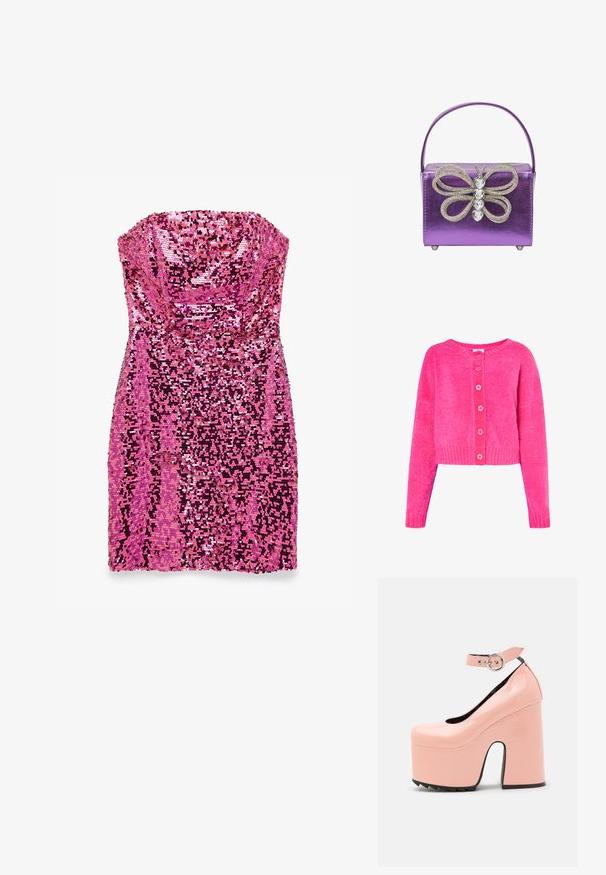 Uldet, cropped cardigan i lys pink, med rund halsudskæring, pink knaplukning og ribstrikkede manchetter og kant. Blød tekstur over det hele.; Stropfri, kort lyserød kjole dækket af skinnende pailletter, der skaber en glitrende, tekstureret overflade.; LAMODA POWER TRIP CHUNKY PLATFORM - Pumps - pink; Lilla metallisk håndtaske med en struktureret rektangulær form. Har en dekorativ sølv sommerfugl detalje med rhinsten. Lille håndtag inkluderet.