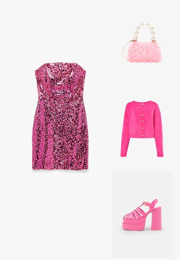Uldet, cropped cardigan i lys pink, med rund halsudskæring, pink knaplukning og ribstrikkede manchetter og kant. Blød tekstur over det hele.; Stropfri, kort lyserød kjole dækket af skinnende pailletter, der skaber en glitrende, tekstureret overflade.; Steve Madden CARLITA - Højhælede sandaletter / Højhælede sandaler - pink; Lyserød perlehandtaske med en struktureret form, der har et håndtag med perleaccent og en glansfuld overflade. Kompakt design, velegnet til tilbehør.