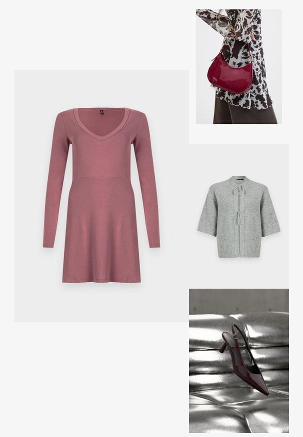 Cardigan gris à manches courtes en doux tissu tricoté, avec un col rond, une fermeture à nouer et des bords côtelés pour plus de texture.; Robe à manches longues mauve, dotée d'un décolleté en V et d'un corsage ajusté avec une jupe évasée. Fabriquée en tissu doux et extensible.; Escarpin slingback à talon haut, rouge foncé brillant avec bout pointu, présenté sur une surface en cuir argenté capitonné et brillant.; Femme portant un chemisier à motif noir et blanc tenant un sac à main rouge brillant sur un fond uni.