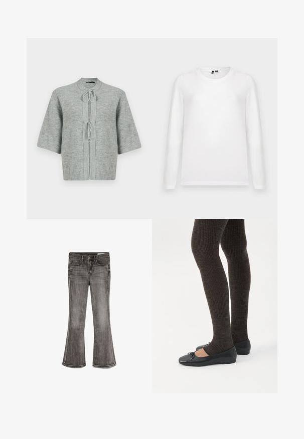 Grå kortærmet cardigan lavet af blødt strikstof, med en rund halsudskæring, snøre lukning og ribbede kanter for ekstra tekstur.; Lys grå baggrund med en liggende hvid langærmet t-shirt med rund hals og synlige mærker ved kraven.; Udsvingende jeans i falmet sort denim med en let glans. Har fem lommer og kontrastsyninger langs kanterne.; Ben iført mørke ribbede leggings kombineret med sorte balletsko med små sløjfedetaljer på hvid baggrund.