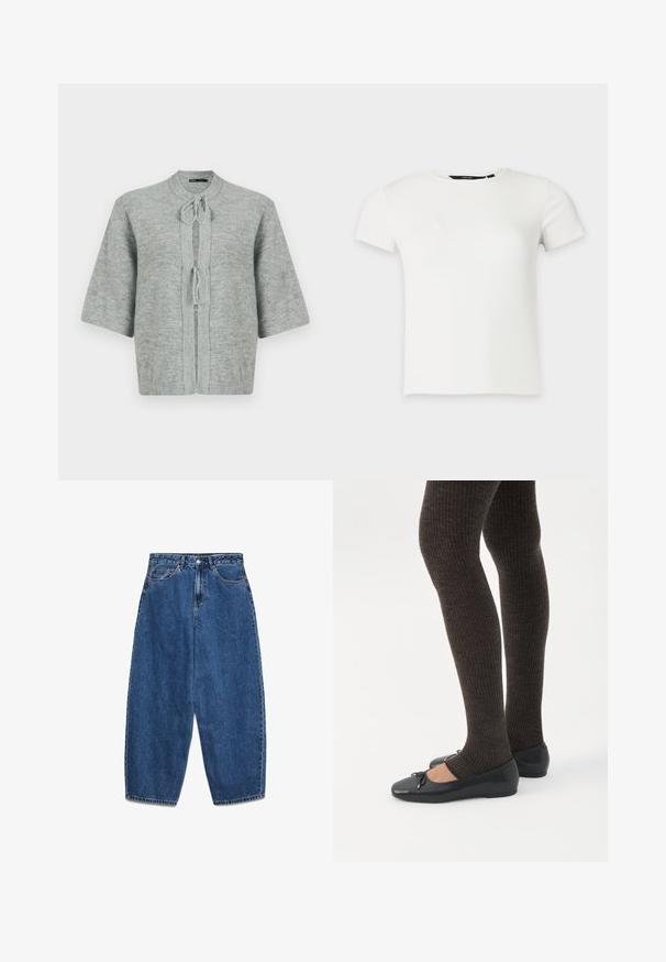 Grå kortærmet cardigan lavet af blødt strikstof, med en rund halsudskæring, snøre lukning og ribbede kanter for ekstra tekstur.; Hvid kortærmet ribstrikket t-shirt med rund halsudskæring, vist på en ensartet lys grå baggrund.; Blå denimjeans med høj talje, afslappet pasform og lige ben. Klassisk design med fem lommer, lynlås og knaplukning.; Ben iført mørke ribbede leggings kombineret med sorte balletsko med små sløjfedetaljer på hvid baggrund.