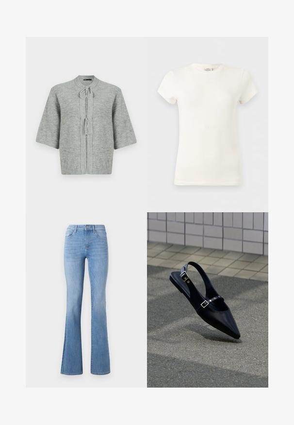 Cardigan gris à manches courtes en doux tissu tricoté, avec un col rond, une fermeture à nouer et des bords côtelés pour plus de texture.; T-shirt blanc uni en coton à manches courtes et col rond, présenté sur un fond gris clair.; Jeans évasés bleu clair avec une taille mi-haute, un design classique à cinq poches et une légère décoloration le long des jambes. Texture en denim.; Mocassin noir à bout pointu et bride arrière, avec double boucle, posé sur un asphalt gris près d'un mur carrelé en arrière-plan.