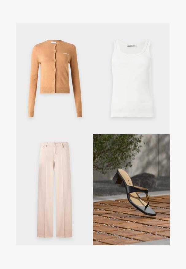 Kaftan värvitud kardigan, nööpide kujundus, pikad varrukad, soonilised mansetid ja äär, pehme tekstuur, rinnas on tikitud "2ND DAY".; Valkoinen ribbineulottu hihaton toppi, jossa on pyöreä pääntie ja Copenhagen Studios -merkki kauluksen sisäpuolella.; Beige levelehjale jeansit, som har en glat bomuldsblanding, fem lomme-design, bæltestropper og knaplukning. Minimalistisk stil og lys farve.; Musta korkokengän sandaali, jossa varvaslenkki ja kultainen yksityiskohta, asetettuna puiselle ja kivellä päällystetylle ulkopinnalle lähellä kasvillisuutta.