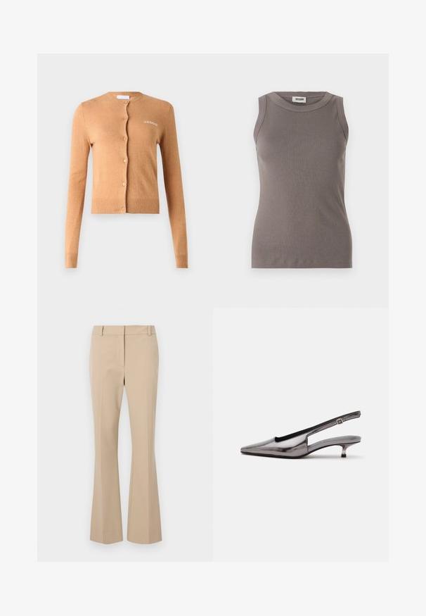 Karamelfarvet cardigan med knaplukning, lange ærmer, ribbede manchetter og kant, blød tekstur, med "2ND DAY" broderet på brystet.; Grå ribbede tanktop med rund halsudskæring og ærmeløs design, lavet af et blødt, tekstureret stof. Enkel, tætsiddende silhuet.; Beige skræddersyede bukser med lige pasform, der har en glat front, bæltestropper og en jævn tekstur. Ingen synlige lommer eller mønstre.; Metalgrå spids slingback-sko med lav kittenhæle og justerbar rem på hvid baggrund.