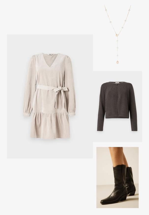 Mørkegrå strikket cardigan med lange ærmer, rund halsudskæring og en enkelt knaplukning foroven.; Beige kordfløjlskjole med V-udskæring, lange puffærmer, taljeret liv og en flagrende nederdel. Inkluderer et stofbælte der bindes om livet.; Sorte midterska læder cowboystøvler med spidse tæer og blokhæle, båret på bare ben mod en neutral baggrund.; Guldtonet halskæde med runde hvide perler fordelt langs en delikat kæde, der har en dråbeformet pink perlepende i midten.