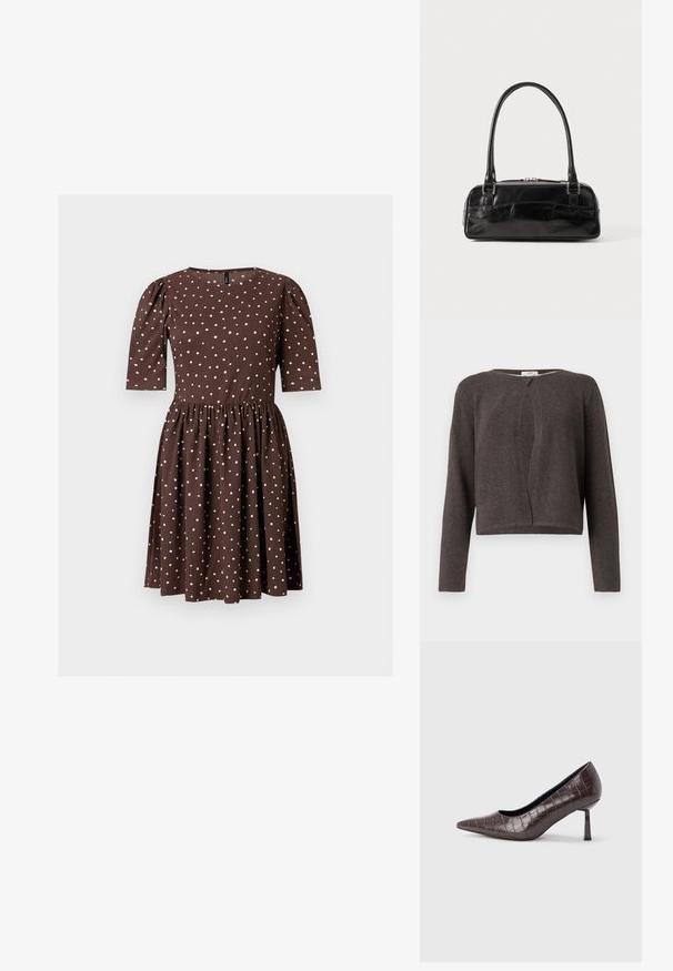 Donkergrijze gebreide lange mouwen cardigan met een ronde halslijn en een enkele knoopsluiting bovenaan.; Bruine jurk tot op de knie met witte onregelmatige polkadots, opgeblazen driekwartmouwen, een geplooide taille en een ronde halslijn.; Bruine nepleren pumps met een puntige neus en krokodillenstructuur, voorzien van een slanke, hoekige hak en een gladde binnenvoering.; Zwarte leren handtas met een rechthoekige vorm, voorzien van een enkele gestructureerde handgreep, zilveren hardware en ritsluiting. Gladde textuur.